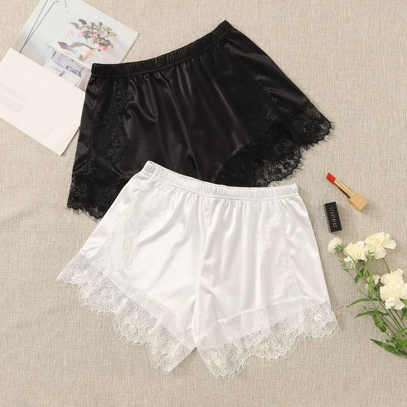 

2pack Lace Trim Satin Sleep Shorts, Black and white