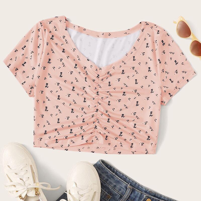 

Graphic Allover Print Ruched Tee, Pink