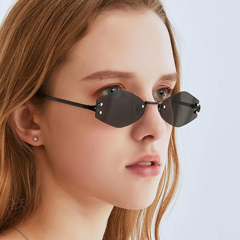 

Rimless Polygon Frame Sunglasses With Case, Black