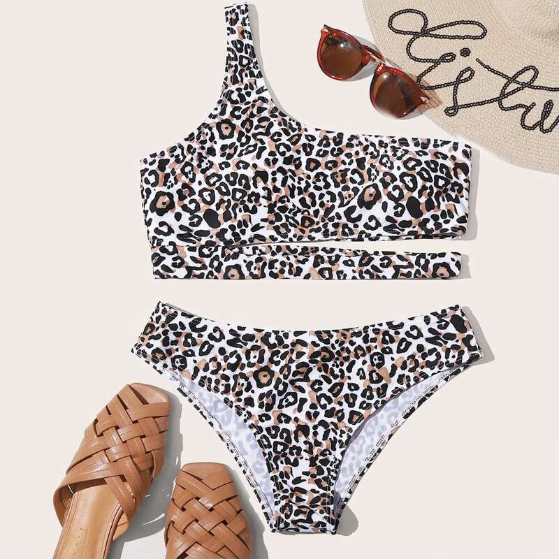 

Leopard One Shoulder Bikini Swimsuit, Multicolor