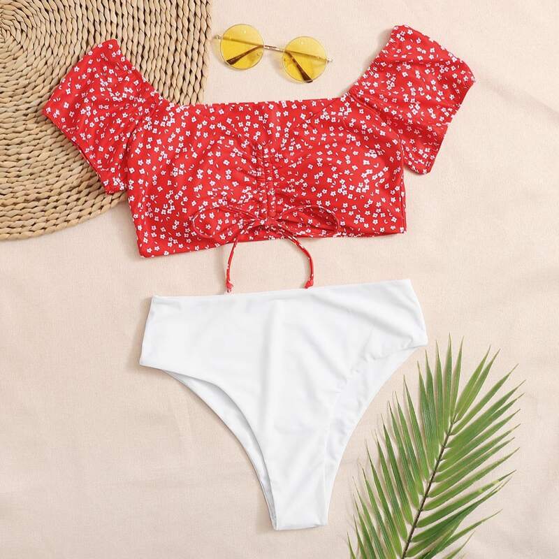 

Ditsy Floral Drawstring Bikini Swimsuit, Multicolor