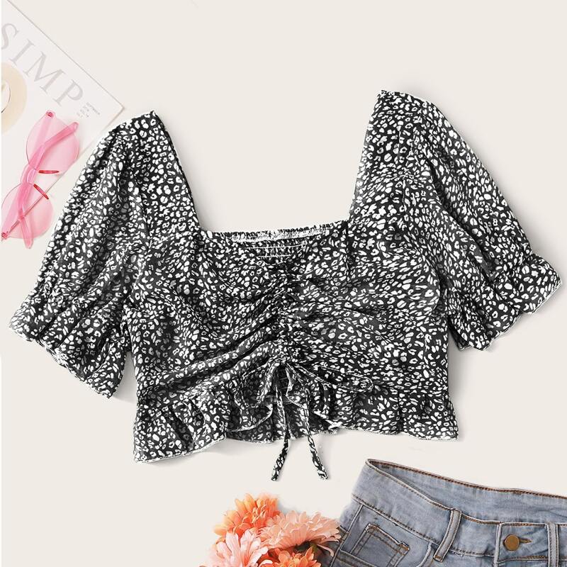 

Leopard Drawstring Milkmaid Crop Top, Black