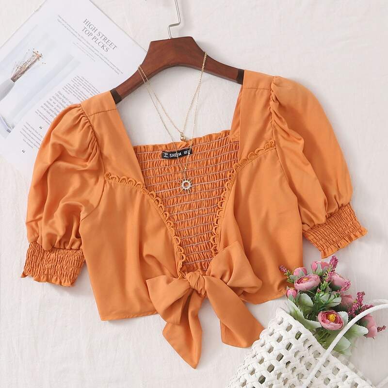

Eyelet Lace Trim Shirred Back Tie Front Top, Orange