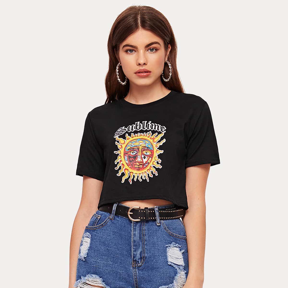 

Sun Graphic Crop Tee, Black