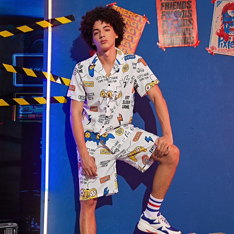 

Guys Gamepad And Slogan Graphic Shirt With Shorts, Multicolor