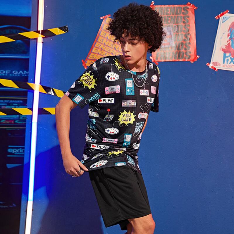 

Guys Cartoon Graphic Tee & Track Shorts, Black