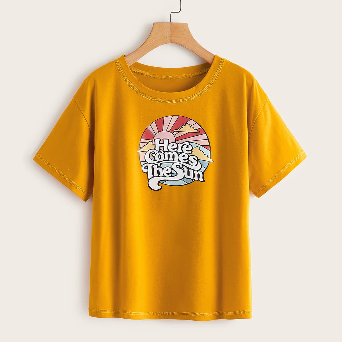 Slogan Graphic Tee, Mustard yellow