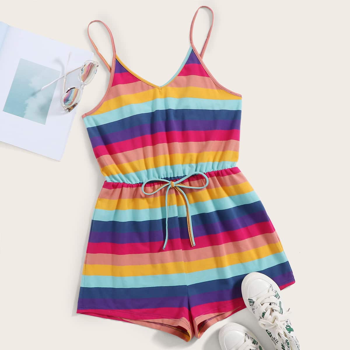 

Tie Waist Rainbow Striped Slip Romper, Multicolor