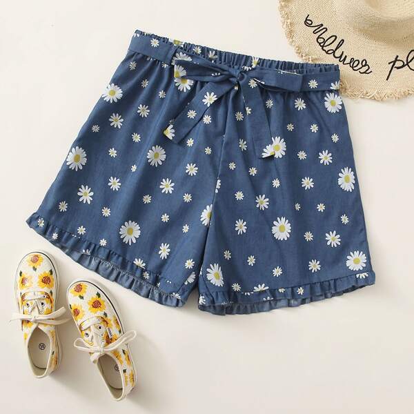 

Plus Daisy Print Frill Trim Belted Denim Shorts, Blue