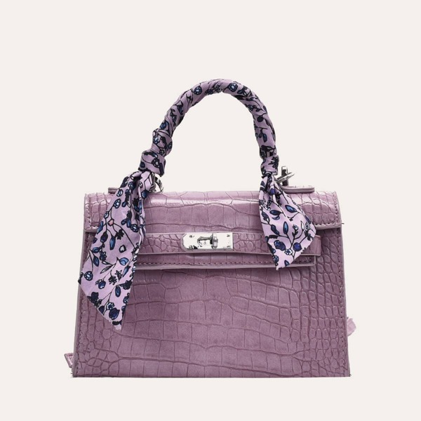 

Twilly Scarf Decor Croc Embossed Satchel Bag, Purple