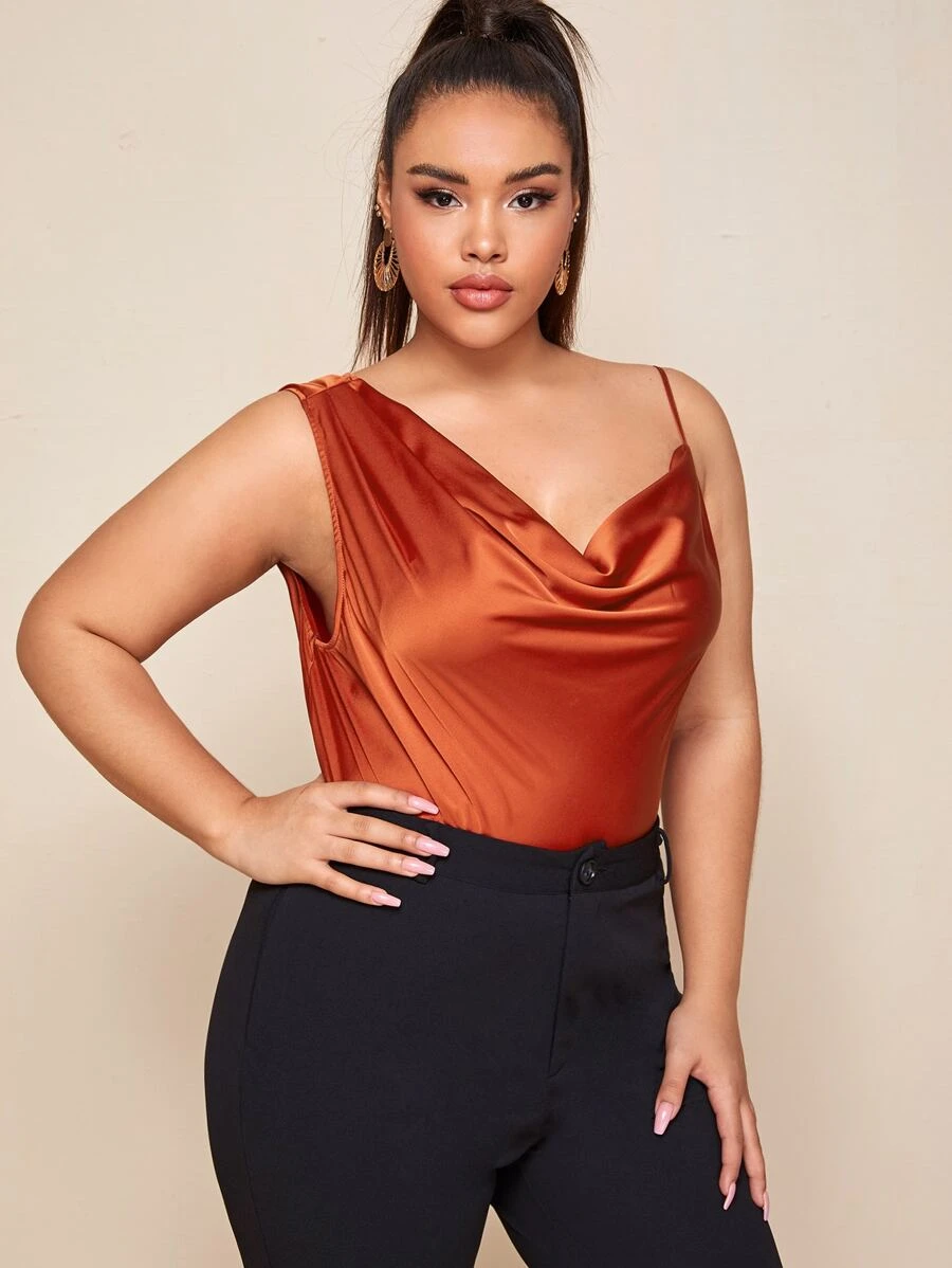 SHEIN Plus Asymmetrical Shoulder Draped Front Satin Top