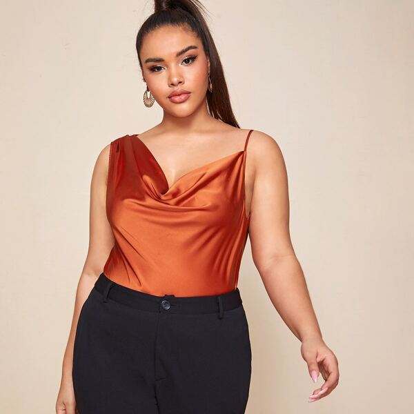 

Plus Asymmetrical Shoulder Draped Front Satin Top, Burnt orange