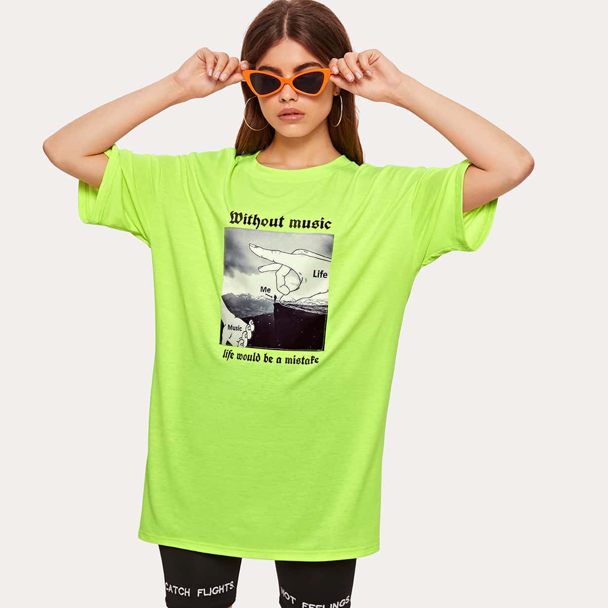 

Neon Green Graphic Print Oversized Tee, Green bright