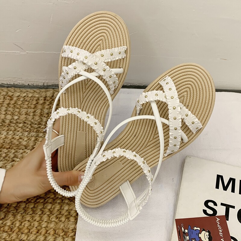 

Studded Frill Trim Flat Sandals, White