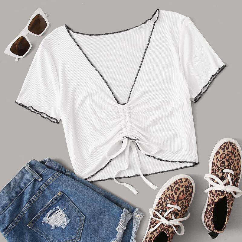 

Lettuce Trim Drawstring Crop Tee, White