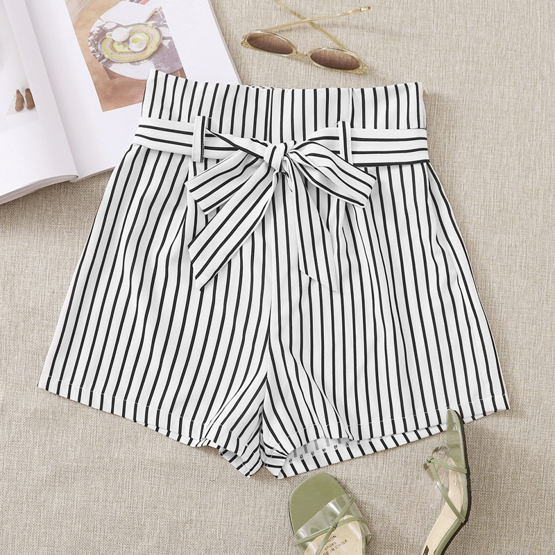 

Zipper Side Belted Striped Shorts, White