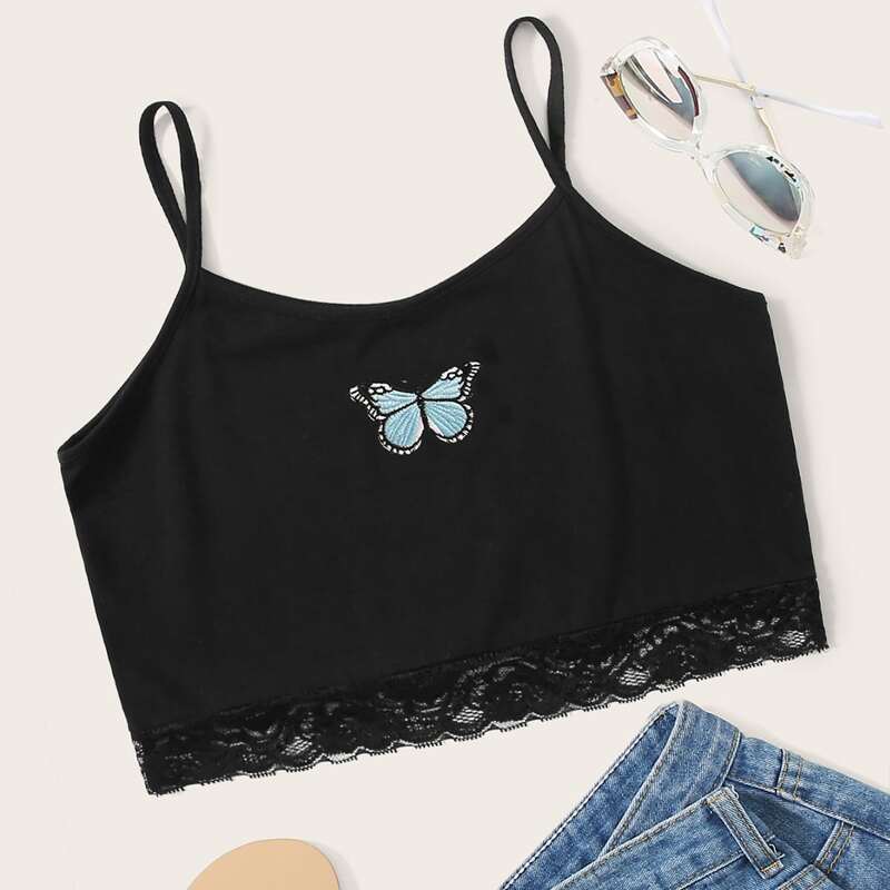 

Butterfly Embroidery Lace Hem Cami, Black