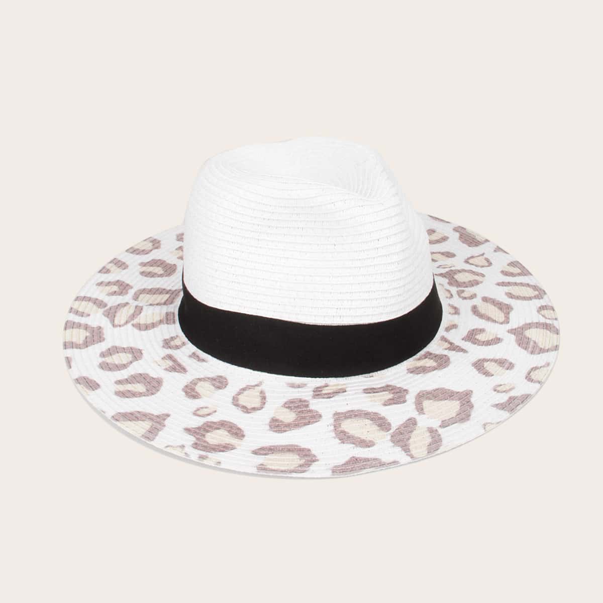 

Leopard Pattern Straw Hat, White