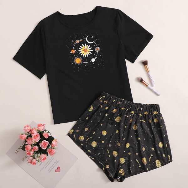

Floral And Galaxy Print Pajama Set, Black