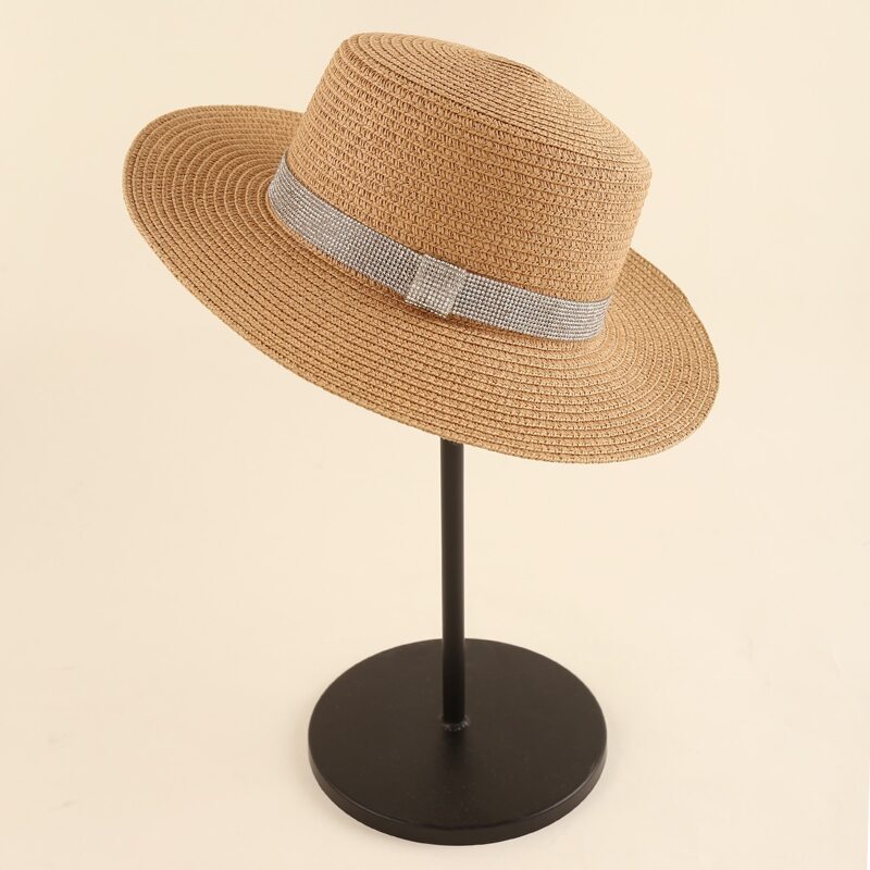 

Rhinestone Engraved Band Decor Straw Hat, Khaki
