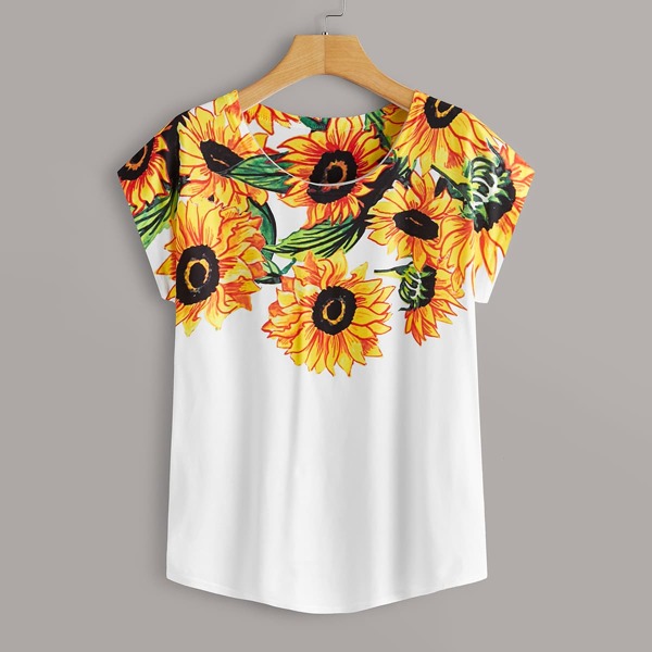 

Batwing Sleeve Sunflower Print Tee, White