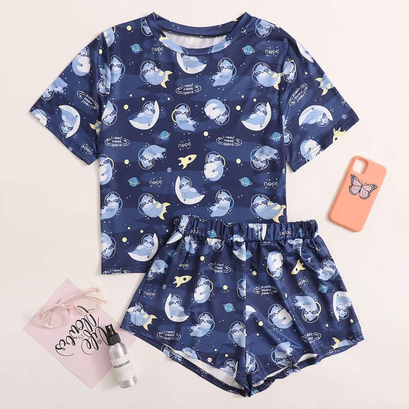 

Allover Cartoon And Slogan Graphic Pajama Set, Navy blue