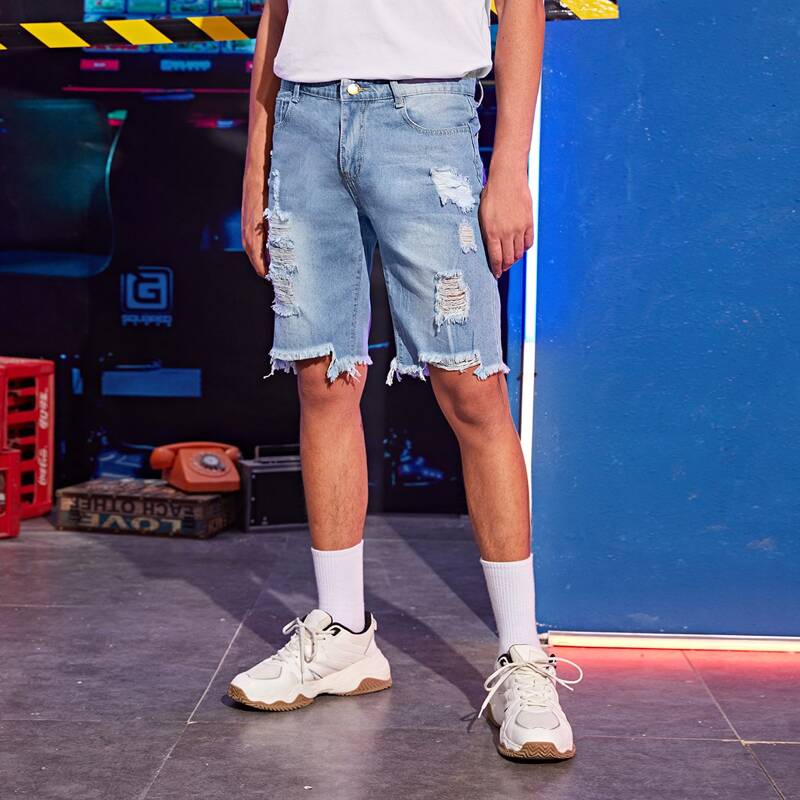 

Guys Ripped Raw Hem Denim Shorts, Blue