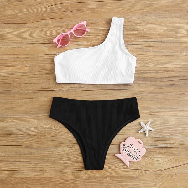 

Girls Rib Two Tone One Shoulder Bikini Swimsuit, Black and white
