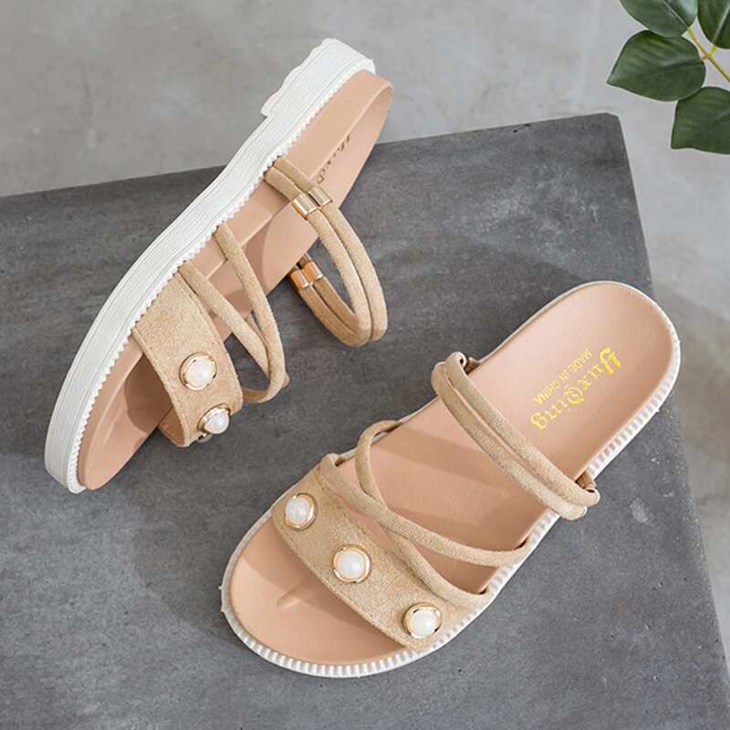 

Faux Pearl Open Toe Sliders, Khaki