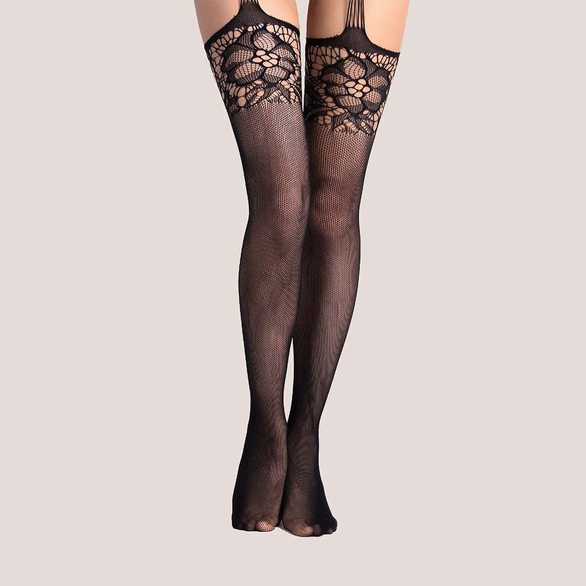 

Hollow Out Flower Mesh Tight, Black