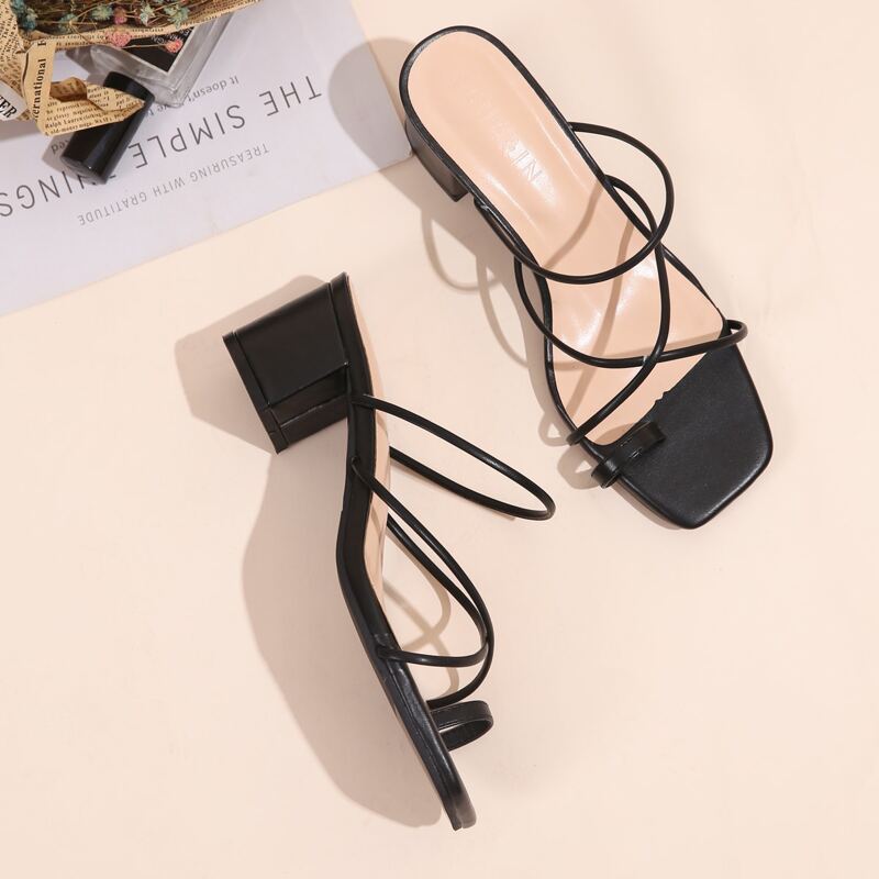 

Toe Ring Cross Strap Chunky Heeled Mules, Black