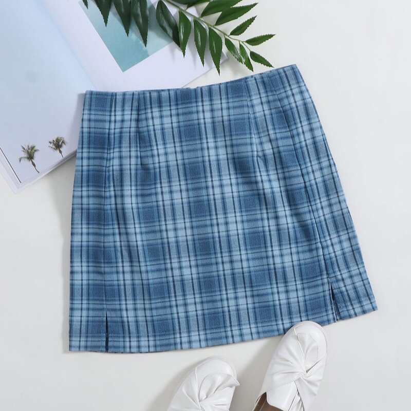 

Plaid Split Hem A-Line Skirt, Black and white