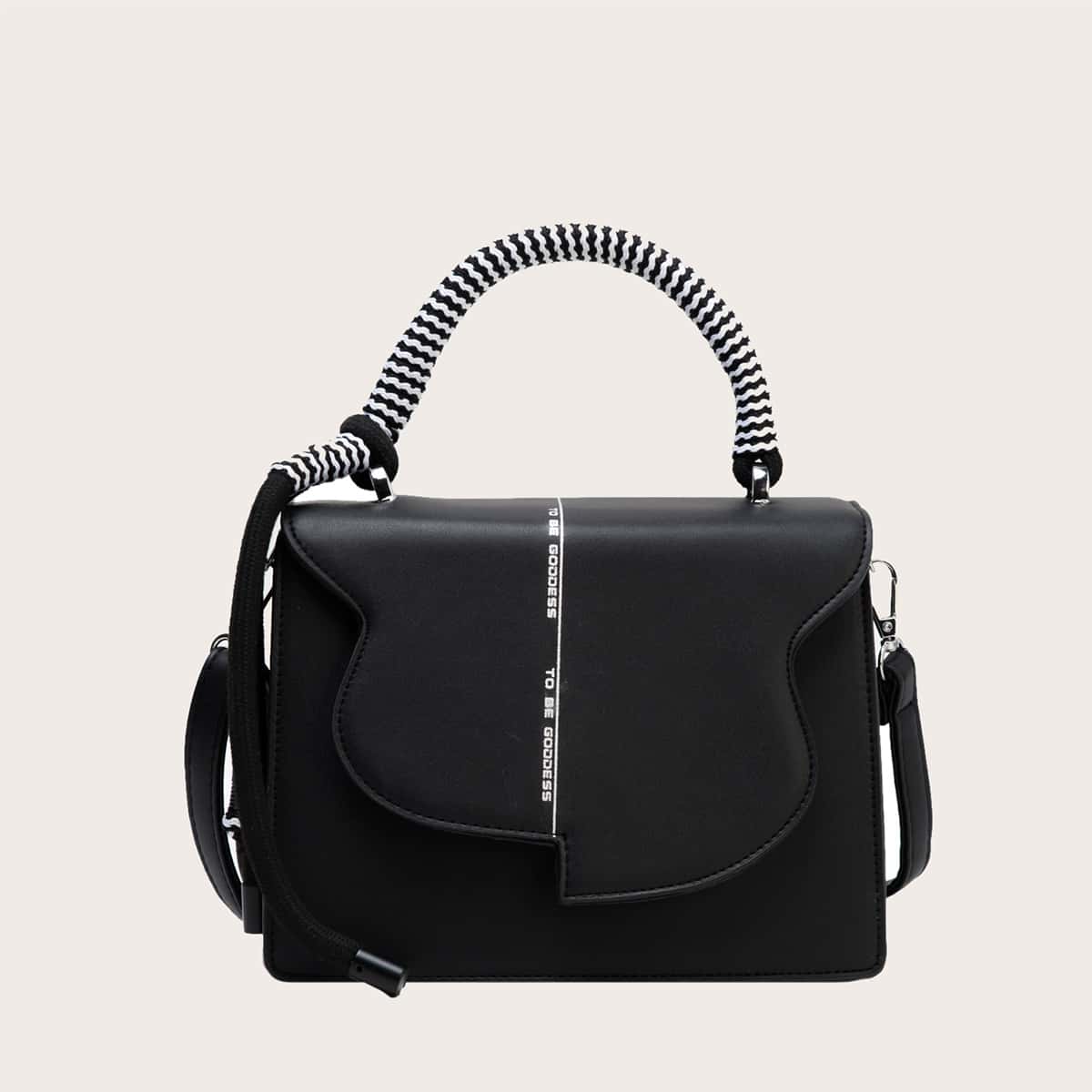 

Letter Graphic Flap Satchel Bag, Black
