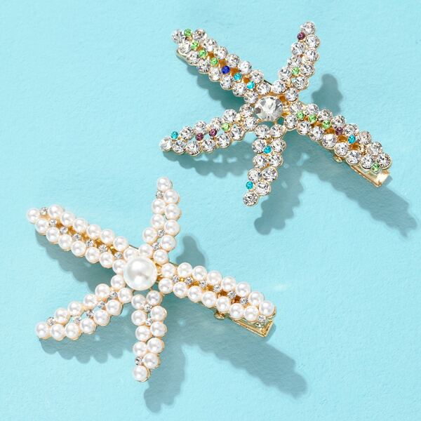 

2pcs Faux Pearl Beaded Starfish Design Hair Clip, White