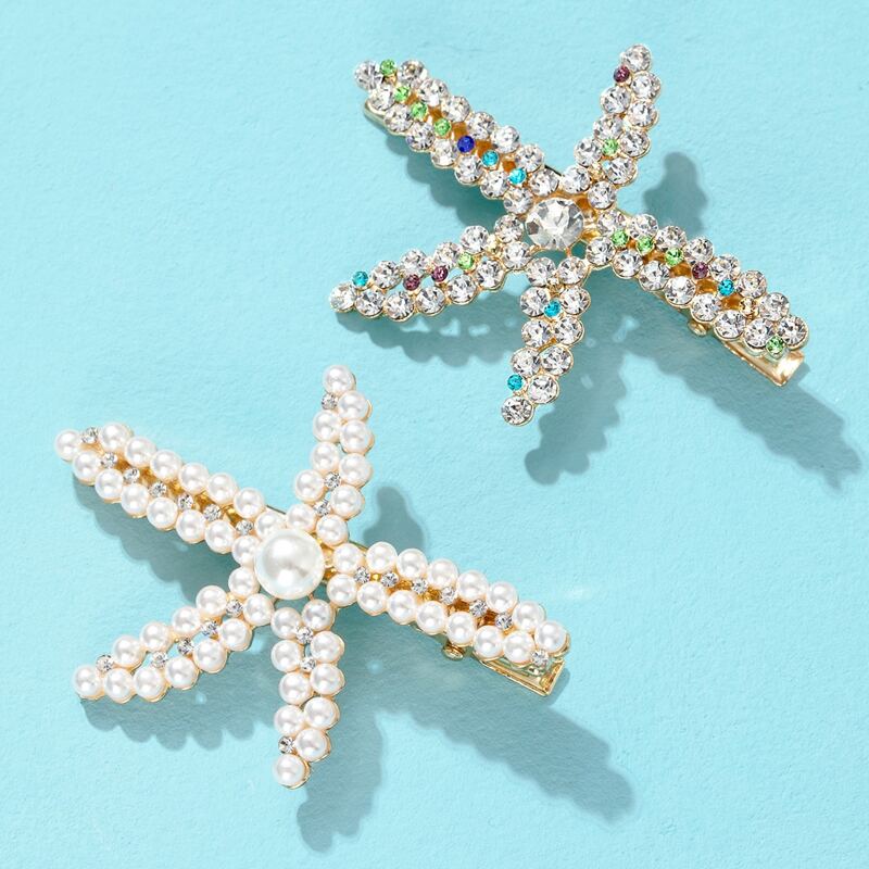 

2pcs Faux Pearl Beaded Starfish Design Hair Clip, White