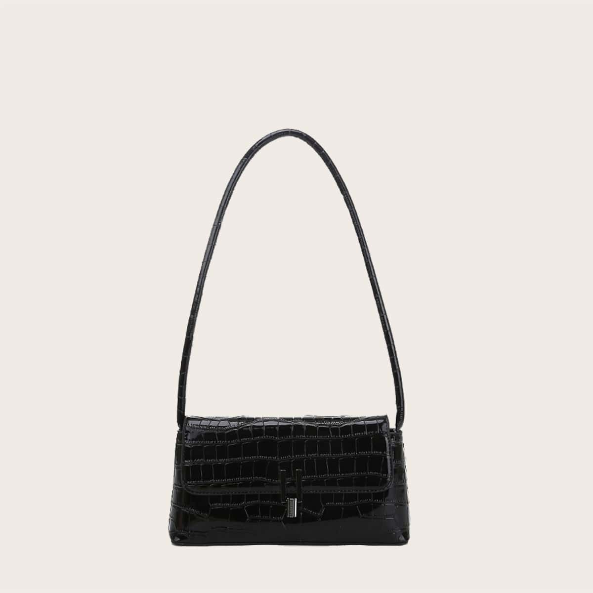 

Croc Embossed Flap Tote Bag, Black