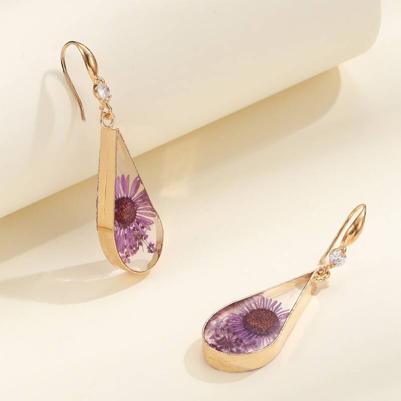 

Flower Water Drop Earrings, Purple