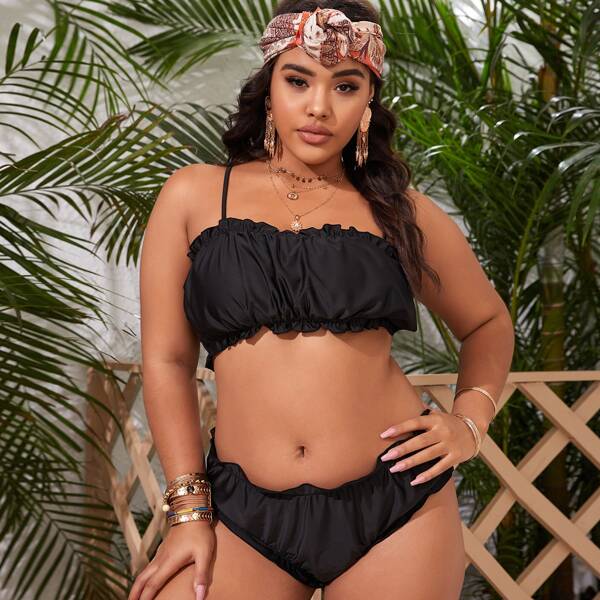 

Plus Ruched Frill Trim Bikini Swimsuit, Black