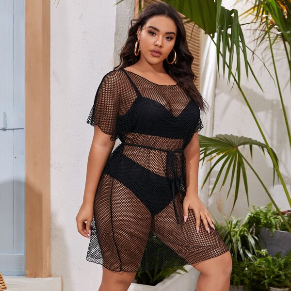 

Plus Hollow Out Fishnet Cover Up, Black