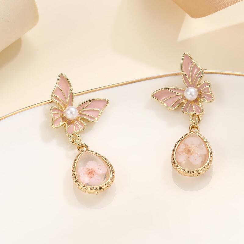 

Butterfly Flower Drop Earrings, Pink