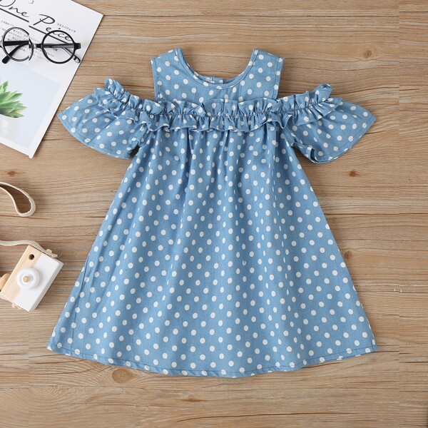 

Toddler Girls Polka Dot Cold Shoulder Denim Dress, Blue