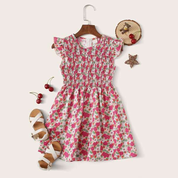 

Toddler Girls Ruffle Trim Shirred Floral A-line Dress, Multicolor