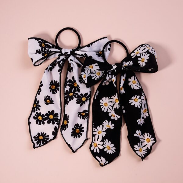 

2pcs Daisy Pattern Bow Knot Decor Hair Tie, Black