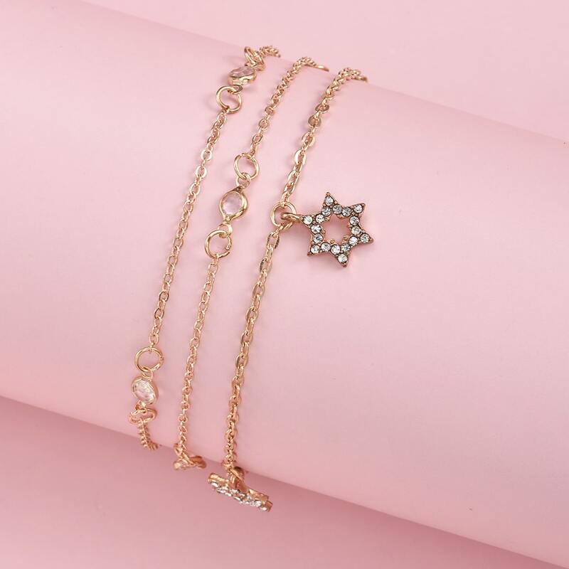 

3pcs Rhinestone Star Anklet, Gold