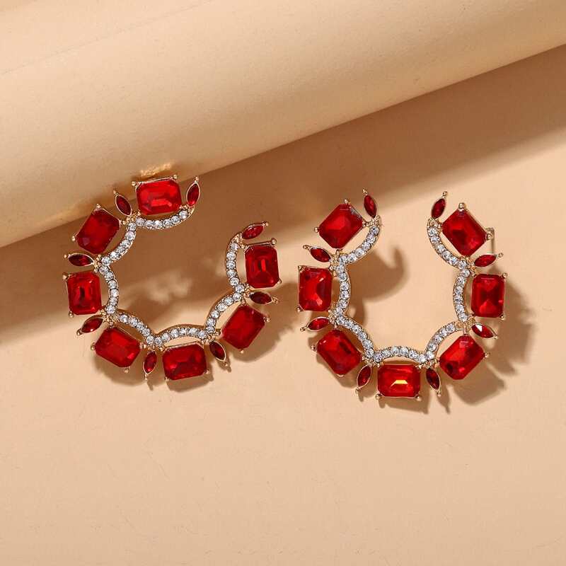 

Rhinestone Cuff Hoop Earrings, Red