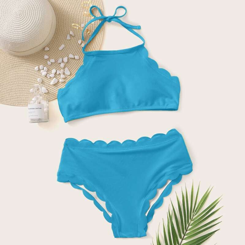 

Scallop Trim Halter High Waisted Bikini Swimsuit, Blue