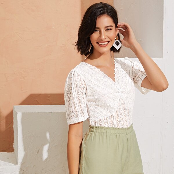 

V-neck Lace Top, White