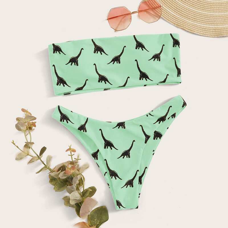 

Dinosaur Print Bandeau Bikini Swimsuit, Green