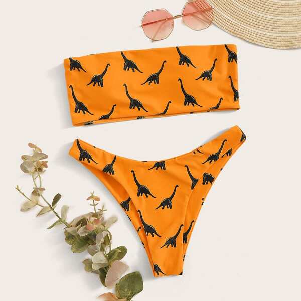 

Dinosaur Print Bandeau Bikini Swimsuit, Orange