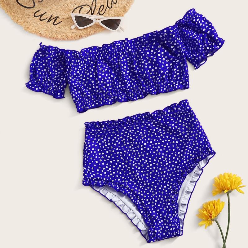 

Ditsy Floral Frill Bardot Bikini Swimsuit, Blue